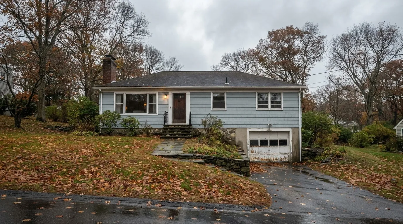 Ranch house on a slope with a tuck-under single-car garage and autumn leaves
