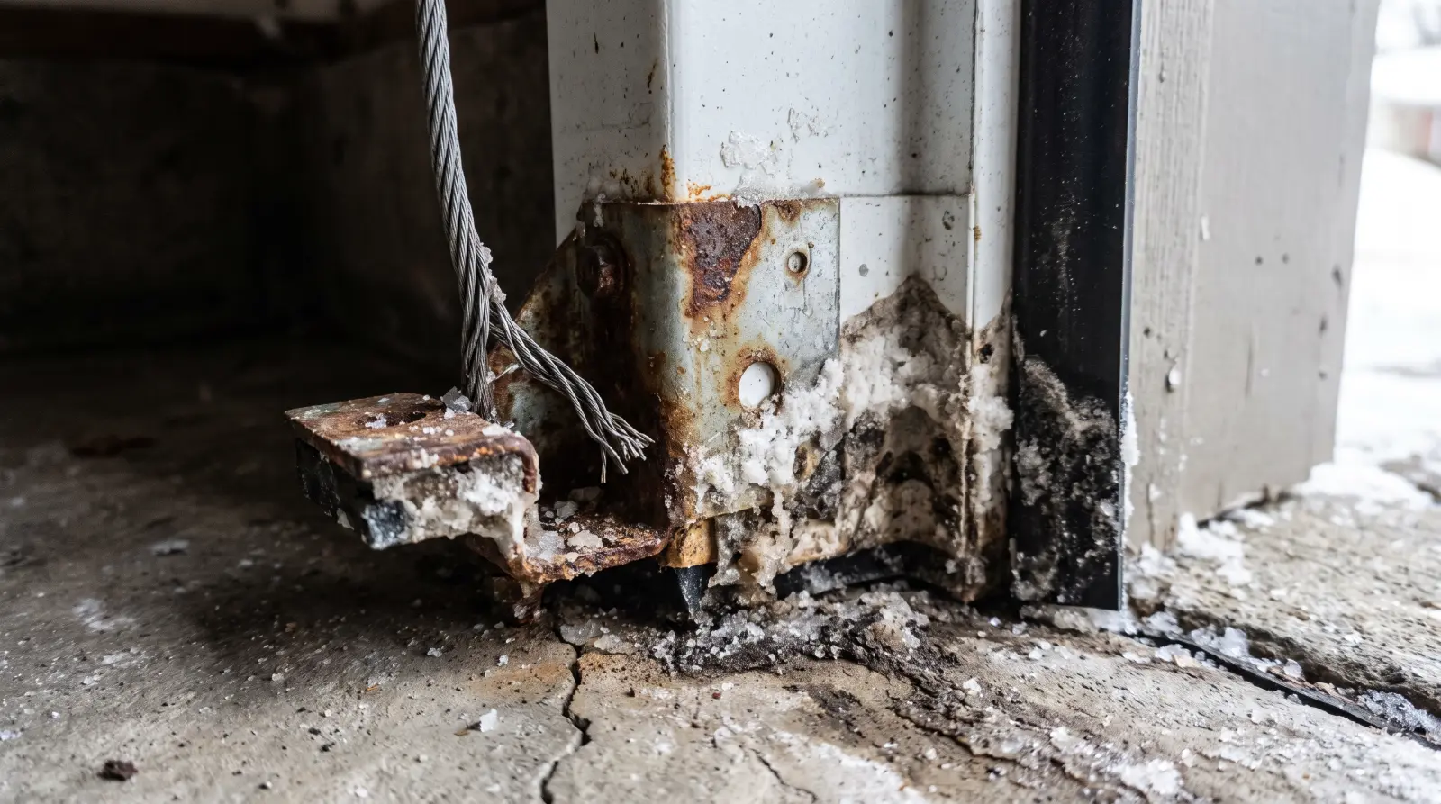 Rusted bottom bracket and frayed lift cable at the lower corner of a garage door