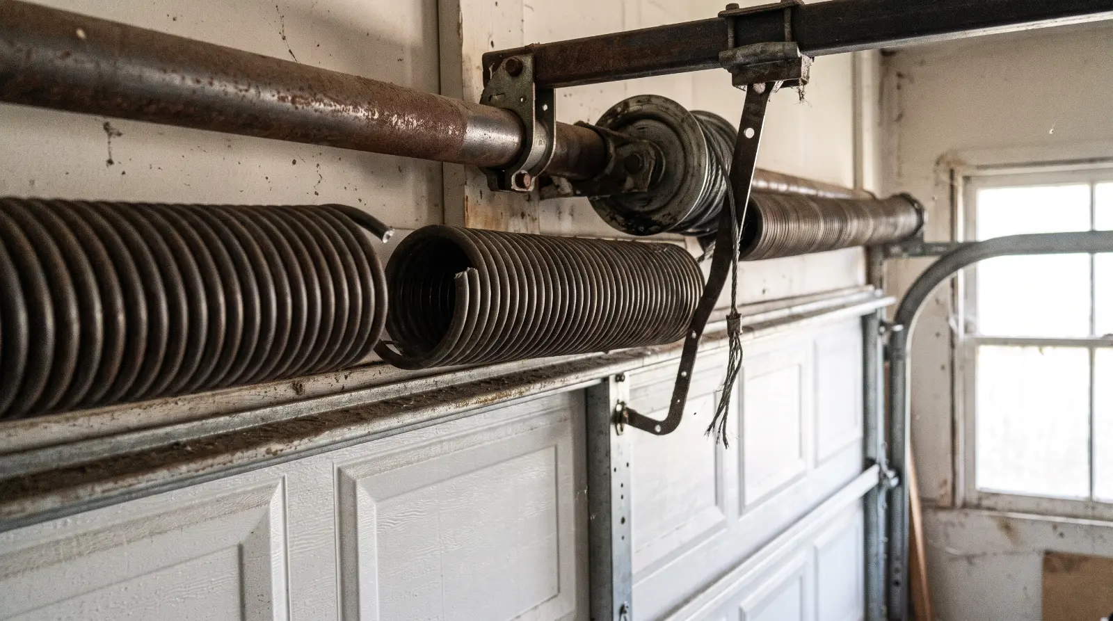 Torsion spring mounted above a garage door