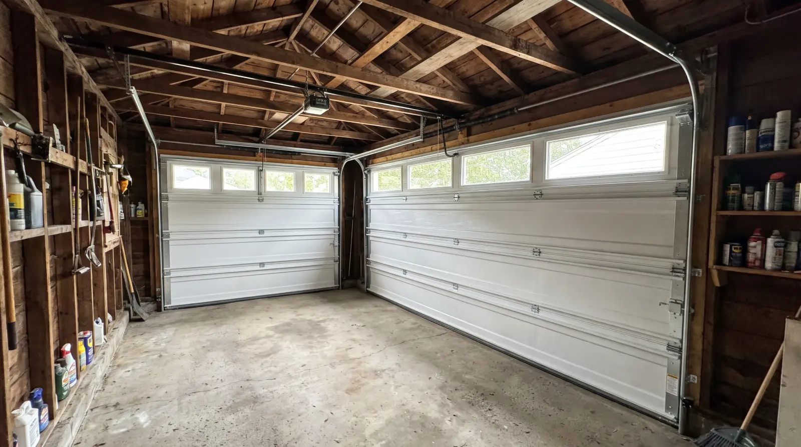Low-ceiling older garage fitted with a new insulated sectional door and low-headroom track